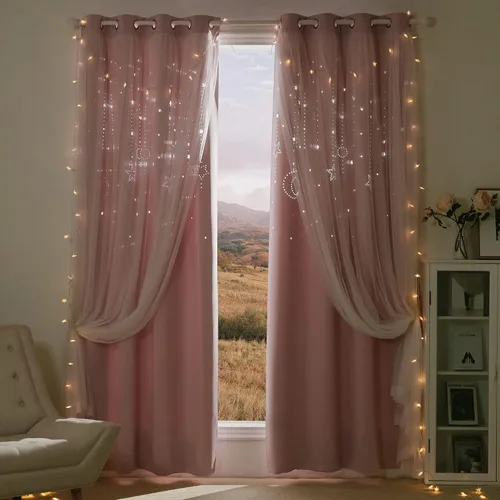 Vista 13 de NICETOWN Cortinas para Dormitorio de Niñas Infantiles con Estrellas Caladas Ventana 2 Capas Cortina 63 Pulgadas de Longitud Oscurecimiento