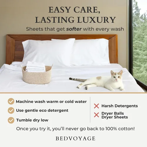 Vista 6 de BedVoyage Cozy Sheets Queen - Juego de sábanas de 50% viscosa de bambú y 50% mezcla de algodón, ropa de cama suave y transpirable, bolsillo profundo