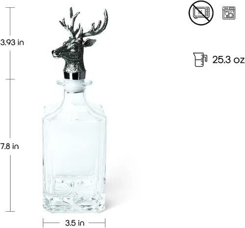 Vista 2 de Regent - Decantador de whisky de cuerpo recto – Tapón de cabeza de ciervo cromado, juego de regalo para bar por decantador de lujo para bourbon