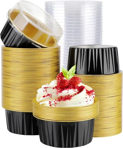 Vista 27 de EUSOAR Moldes desechables de papel de aluminio con tapas, 30 piezas de 5 onzas (4.2 fl oz) de papel de aluminio para magdalenas, tazas para hornear