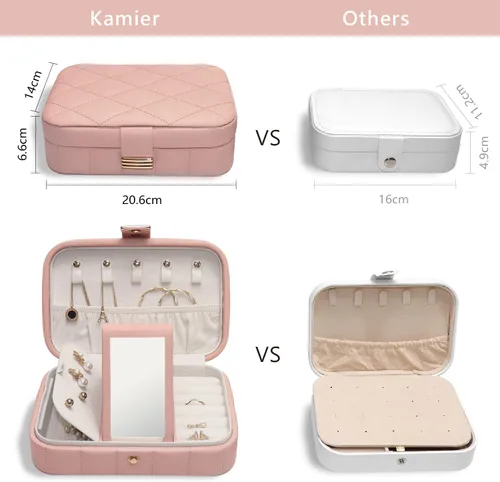 Vista 3 de KAMIER Joyero de piel sintética Joyero acolchado de diamante de viaje con espejo para anillos, aretes, collar, organizador de joyas portátil