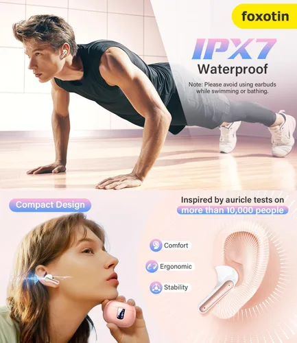 Vista 5 de Auriculares inalámbricos Ear Buds - Auriculares Bluetooth 5.3 (reproducción de 48 horas) Micrófono integrado con pantalla LED estuche de carga, IP7