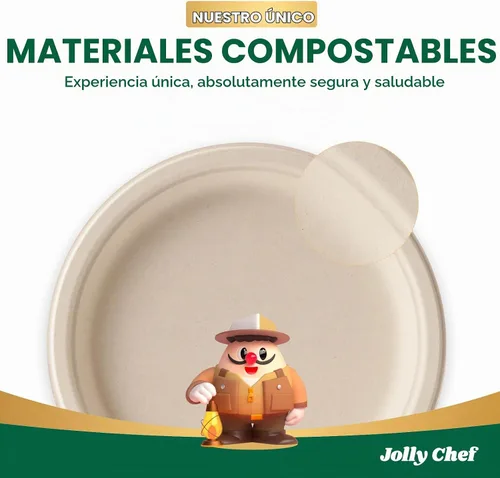 Vista 7 de JOLLY CHEF Platos compostables de alta resistencia de 10 pulgadas [Paquete de 125] Platos de papel desechables ecológicos de bagazo natural