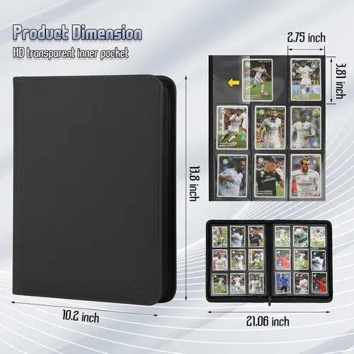 Vista 2 de Carpeta para tarjetas de 9 bolsillos, capacidad 540 con cierre de cremallera, de doble cara, resistente y elegante, protector de piel sintética