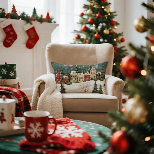 Vista 7 de Funda de almohada rectangular decorativa lumbar de invierno de 12 x 20 pulgadas, diseño de copos de nieve, casa del bosque de las maravillas, funda