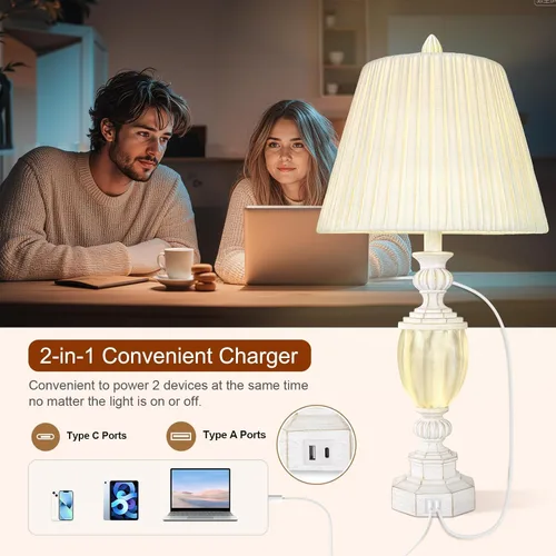 Vista 4 de Juego de 2 lámparas de mesa rústicas de 27" con luz nocturna para dormitorio, sala de estar, carga USB, lámpara de mesita de noche de granja
