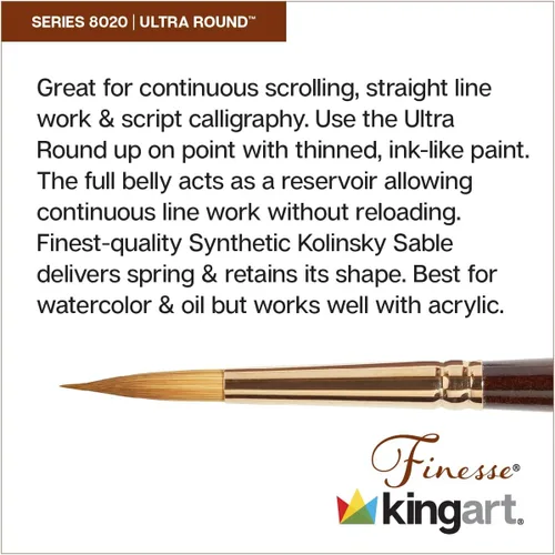 Vista 3 de KINGART Premium Finesse 8020-0 Ultra Round Series - Cepillo para artista, pelo sintético Kolinsky Sable, mango corto, acuarela y pinturas al óleo