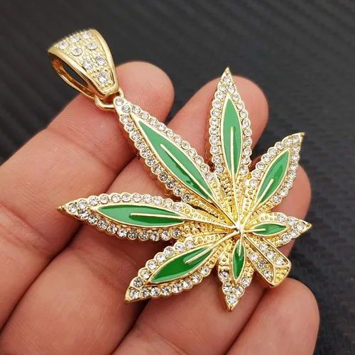 Vista 4 de Colgante de hoja de marihuana Hip Hop y collar de cadena de aleación de gargantilla cubana de 18 pulgadas con cerradura de caja helada, chapado