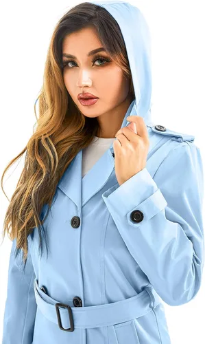 Vista 4 de FARVALUE Gabardina impermeable para mujer, rompevientos de doble botonadura, clásico con solapa con cinturón y capucha extraíble