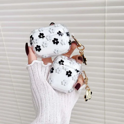 Vista 3 de Funda protectora para AirPods Pro de 1ª generación con llavero, bonita funda protectora para auriculares con flores negras y flores, TPU suave