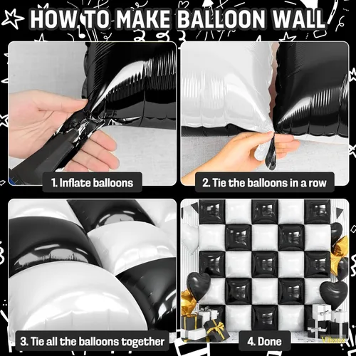 Vista 8 de Globos cuadrados en blanco y negro para pared, globos cromados y blancos de doble cara, kit de arco de túnel, telón de fondo para tablero de ajedrez