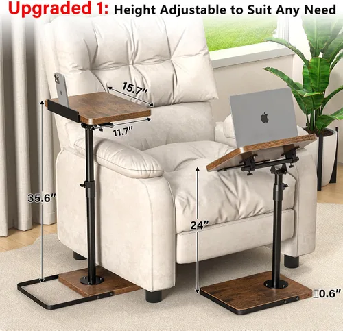 Vista 2 de Mesa de TV para sofá, altura ajustable/giro de 360°/diseño de panel abatible de 180°, mesa auxiliar lateral en forma de C, mesa lateral para brazo