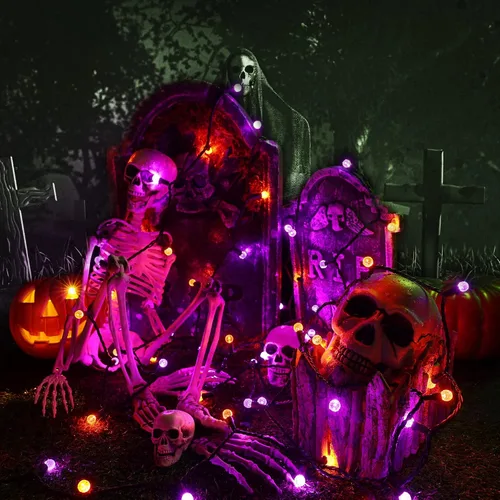 Vista 4 de Brizled - Luces de Halloween moradas y naranjas, 7.5 mt, 70 luces LED G12, de 120 V, enchufables, luces moradas y naranjas, juego de luces