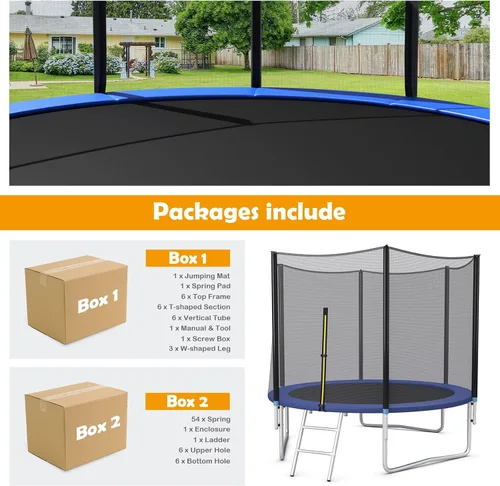 Vista 8 de GYMAX - Trampolín recreativo de 8, 10, 12, 14, 15 y 16 pies, con red de seguridad y escalera, certificado por ASTM, trampolín para exteriores