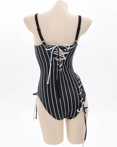 Vista 3 de MEOWCOS - Traje de baño de una pieza para mujer, diseño gótico a rayas blancas y negras, con accesorios