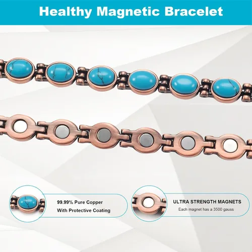 Vista 4 de Pulsera de cobre para mujer, 7.08 '' ajustable con fácil enlace turquesa pulsera magnética, joyería de cobre de moda (0164), Metal