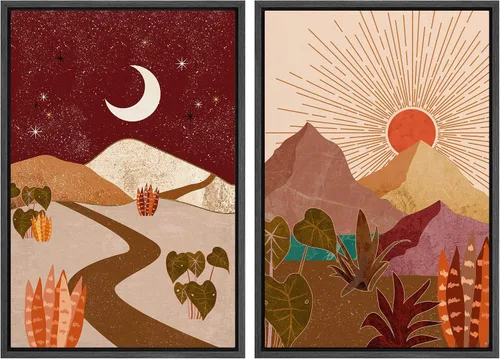 Vista 88 de IDEA4WALL Lienzo Enmarcado Impreso Arte de Pared Set Paisaje de Hojas de Palma de Selva de Mediados de Siglo Naturaleza Silvestre Ilustraciones Arte