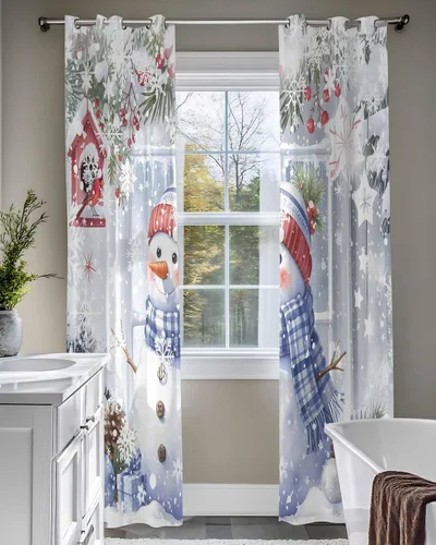 Vista 7 de Cortinas traslúcidas de invierno con diseño de muñeco de nieve de 63 pulgadas de largo, juego de 2 paneles de cortinas para cocina, dormitorio, sala