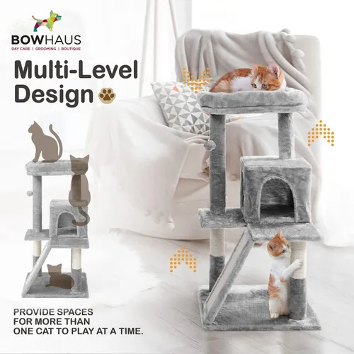 Vista 3 de BOWHAUS Árbol alto para gatos grandes o gatitos de interior, árbol de actividades para gatos de varios niveles con postes rascadores, hamaca