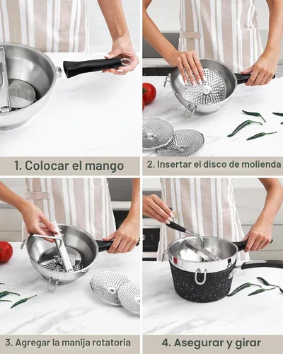 Vista 6 de Molino de alimentos de acero inoxidable con asas desmontables – Molino de manivela para comida de bebé, salsa de tomate y puré de papas – Incluye 3