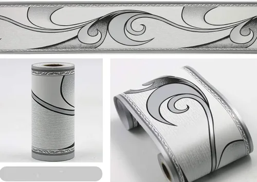 Vista 2 de REDODECO Elegante papel tapiz de moldura gris plateado, borde decorativo para techo, para baño, sala de estar, cocina, 4 pulgadas por 32.8 pies
