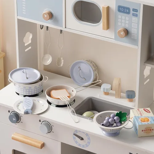 Vista 8 de ROBUD Juego de Ollas y Sartenes para Niños, Accesorios de Cocina para Jugar, Ollas y Sartenes de Metal en Crema Azul, Juego de Cocina para Niños