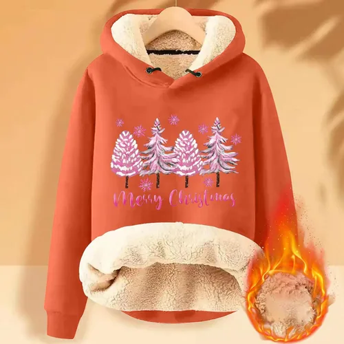 Vista 3 de Sudaderas con capucha con estampado navideño para mujer, con forro de sherpa, para adolescentes, niñas, invierno cálido y mullido