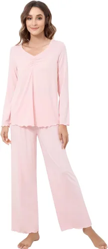 Vista 73 de NACHILA Women's Pajamas Set-Viscose Made from Bamboo, Long Sleeve Sleepwear Top with Pants Comfy Pajama Soft 2 Piece Pjs B-aqua Green