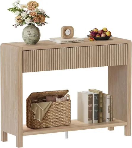 Vista 10 de FATORRI Mesa consola estrecha con almacenamiento, mesa de sofá de madera para entrada, mesas de pasillo modernas de 39.37 pulgadas y mesas de sofá