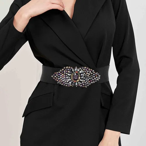 Vista 2 de Wriidy Cinturón elástico con diamantes de imitación, cinturón de vestir ancho negro, cinturones elásticos para mujer, accesorios de joyería