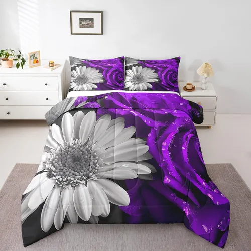 Vista 26 de Juego de edredón de rosas rojas, tamaño individual, juego de ropa de cama floral rojo degradado negro para niñas, mujeres, niños, adolescentes