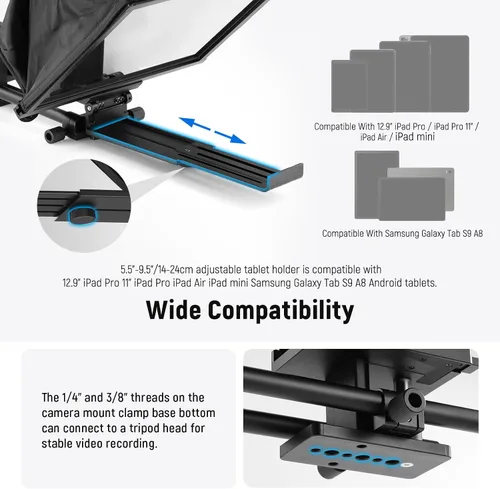 Vista 7 de Neewer Teleprompter C12 Diseño modular con abrazadera de varilla LWS de 0.591 in, control remoto RT113, control de aplicación, divisor de haz de 12