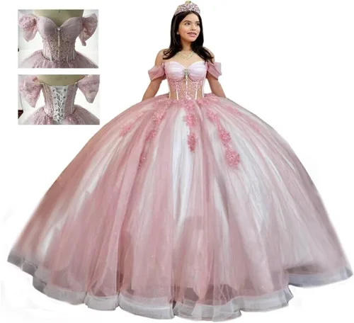 Vista 3 de Mouccy Vestidos de quinceañera de encaje con purpurina con cuentas y hombros descubiertos dulces 16 vestidos con tren perlado XV vestidos