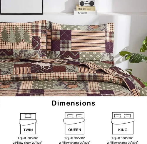 Vista 6 de Hailea Juego de ropa de cama de tamaño individual, juego de edredón rústico de cabaña de alce con funda de almohada, suave, reversible, para todas