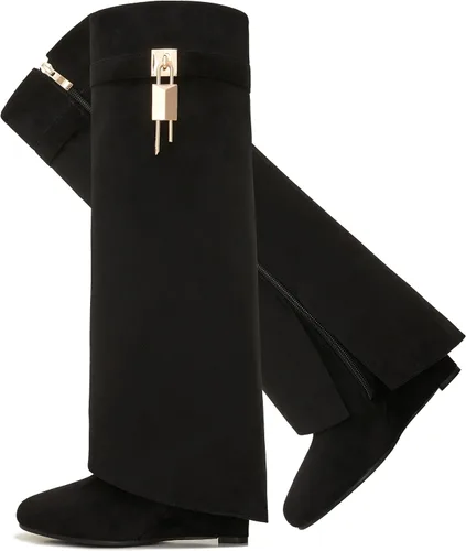 Vista 26 de Botas plegables puntiagudas con tacón de cuña para mujer, botas hasta la rodilla con diseño de candado y cremallera lateral Beige