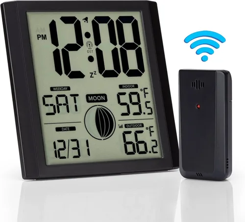 Vista 2 de Reloj de pared atómico con pantalla de números grandes para interiores y exteriores Wall Clock Battery Operated, Alarm