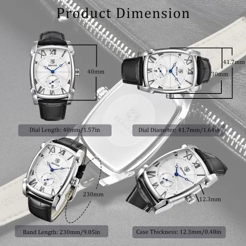 Vista 5 de BENYAR - Reloj de pulsera rectangular para hombre con correa de piel, estilo retro, casual, clásico, regalo perfecto para amigos