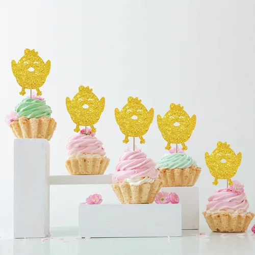 Vista 4 de Juego de 24 adornos para cupcakes de pollo para cumpleaños temáticos de granja, decoración de cupcakes con purpurina dorada, decoraciones