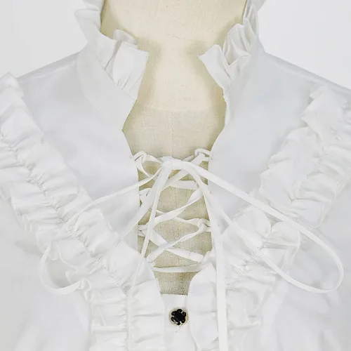 Vista 4 de lifpoivake Camisa victoriana renacentista con cuello alto y cordones de manga larga con volantes para mujer
