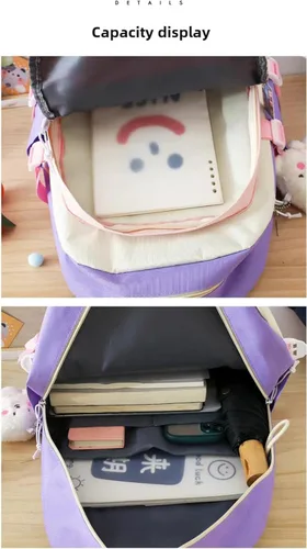 Vista 6 de Juego de mochila Kawaii de 5 piezas, bonita mochila escolar estética, suministros juveniles, conjunto de mochila y accesorios, Negro Schoolbag8