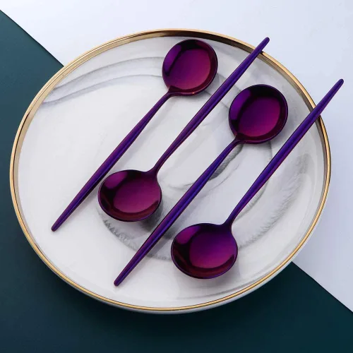 Vista 6 de MINGYU Modern - Juego de 8 cucharas de sopa redondas pesadas con mango largo, cuchara de titanio de acero inoxidable de 8.3 pulgadas, cucharas