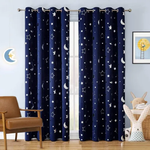 Vista 18 de WUBODTI Cortinas grises 100% opacas con diseño de estrellas para habitación de niños, 45 pulgadas de largo, juego de 2 paneles de cortinas