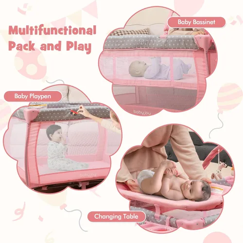 Vista 6 de BABY JOY 3 en 1 portátil Pack and Play con moisés, cuna de viaje convertible para bebé con cambiador, rueda de freno, Napper recién nacido
