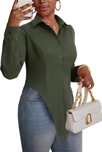 Vista 2 de OPOIPIN Blusa de manga larga con cuello en V para mujer, con botones, dobladillo con abertura