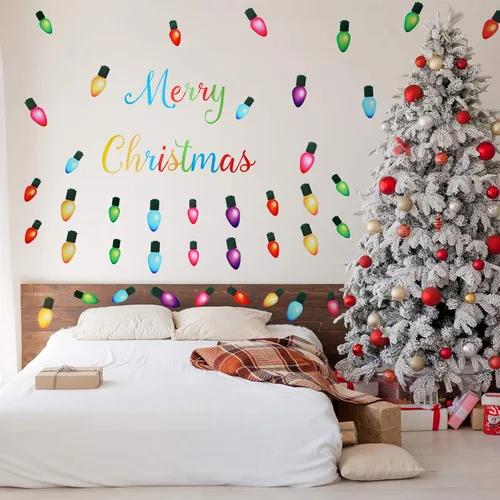 Vista 2 de 91 calcomanías de pared de Navidad, PVC, luces de Feliz Navidad, bombillas de pared para decoración de Navidad