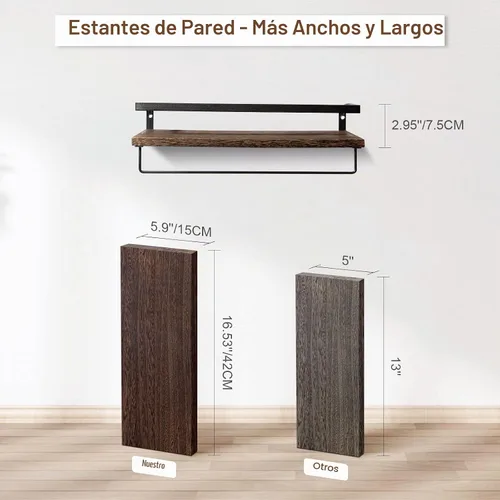 Vista 3 de AGM Juego de 2 estantes flotantes, estantes de almacenamiento de pared con 1-marrón oscuro+barra de toalla