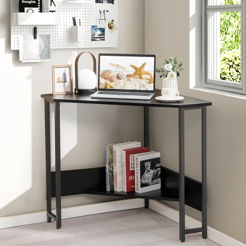 Vista 2 de Tangkula Escritorio esquinero con toma de corriente y puertos USB, escritorio triangular para computadora con estación de carga, estante de Negro