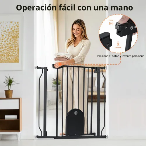 Vista 5 de COMOMY Puerta para mascotas de 29.5-33.4 pulgadas con puerta ajustable para gatos, puerta de metal extra ancha para puertas de escaleras, puerta