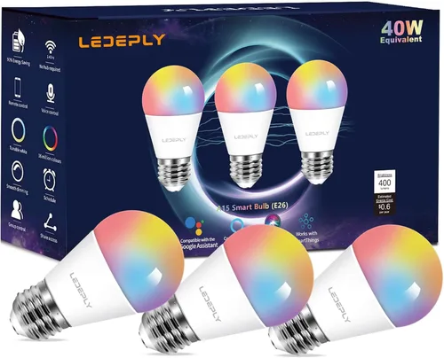 Vista 8 de Bombilla inteligente A15, bombillas LED WiFi E26, equivalente a 5 W a 40 W, cambio de color RGB regulable, compatible con Alexa Google, solo WiFi