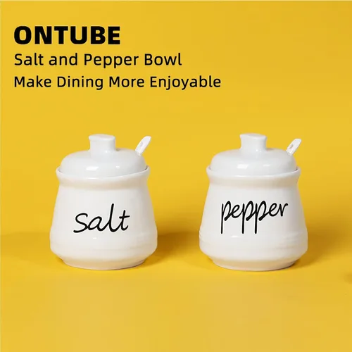 Vista 6 de ONTUBE Cuencos de cerámica para sal y pimienta con tapa y cuchara 12oz (blanco) Ceramic, 12 oz, salt & pepper bowls, lid & spoon, air-tight